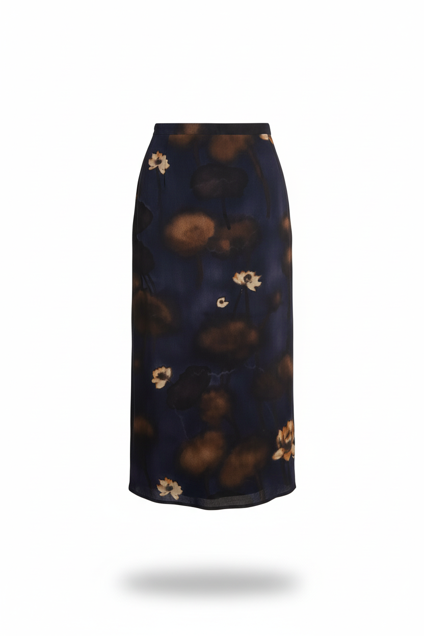 Navy floral skirt - front view ghost mannequin